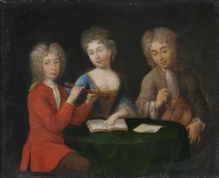 Music Lesson. Two Men and a Woman Making Music with Flute and Hurdy-Gurdy